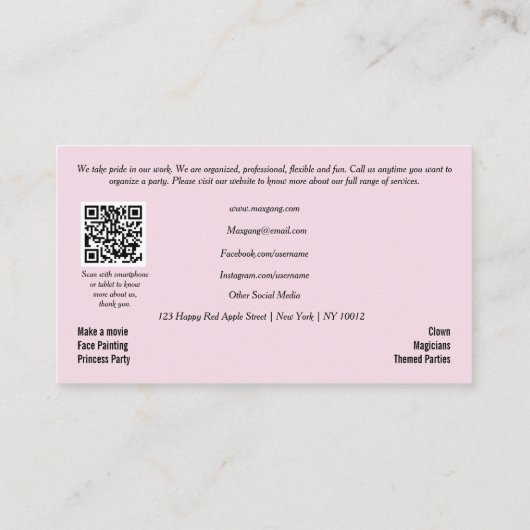 QR Code & Roze Glitter Ballons Party Planner Visitekaartje (Achterkant)