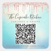 QR Code Roze Glitter Drip Blue Waterverf Business Vierkante Sticker (Voorkant)