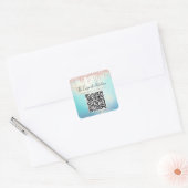 QR Code Roze Glitter Drip Blue Waterverf Business Vierkante Sticker (Envelop)