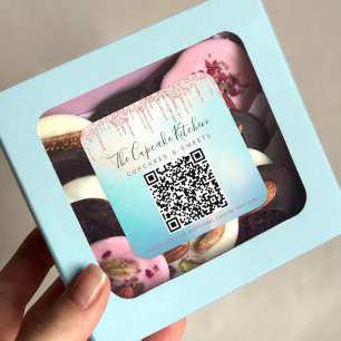 QR Code Roze Glitter Drip Blue Waterverf Business Vierkante Sticker