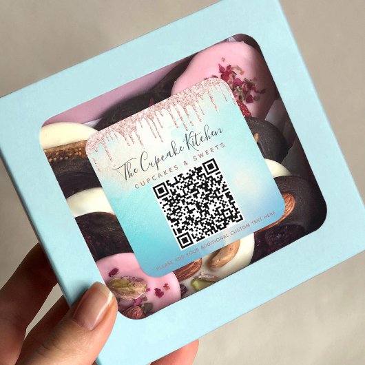 QR Code Roze Glitter Drip Blue Waterverf Business Vierkante Sticker