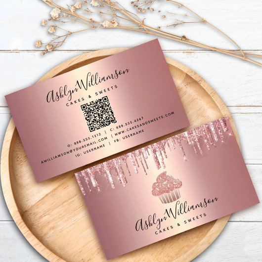 QR Code Roze Goud Cupcake Glitter Druppels Bakkeri Visitekaartje