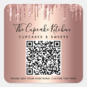QR Code Roze Goud Glitter Druppels Script Zakelijk Vierkante Sticker (Voorkant)