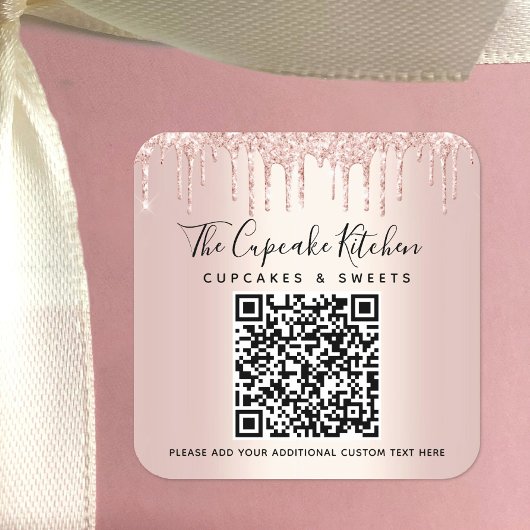 QR Code Roze Gouden Glitter Drips Zakelijke Naam Vierkante Sticker