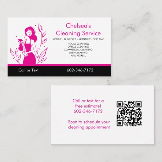 QR Code Roze Huishoudelijke Schoonmaakdienst Zakel Visitekaartje (Voorkant / Achterkant)