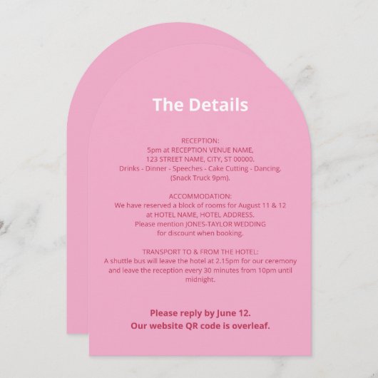 QR Code Roze Magenta Wedding Details Kaart (Voorkant / Achterkant)