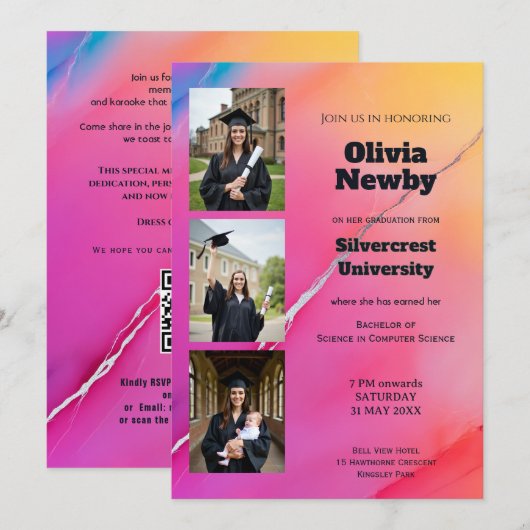 🎓 QR Code Roze Regenboog Marmer Afstudeerfeest Kaart (Voorkant / Achterkant)