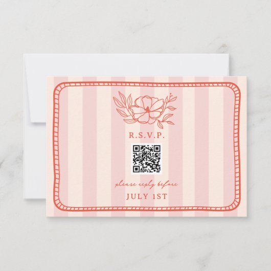 QR Code Roze Streep Bloemen Bruiloft QR RSVP (Voorkant)