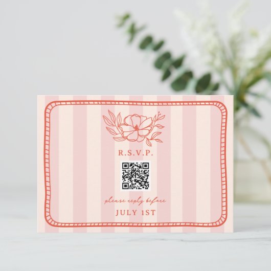 QR Code Roze Streep Bloemen Bruiloft QR RSVP (Staand voorkant)