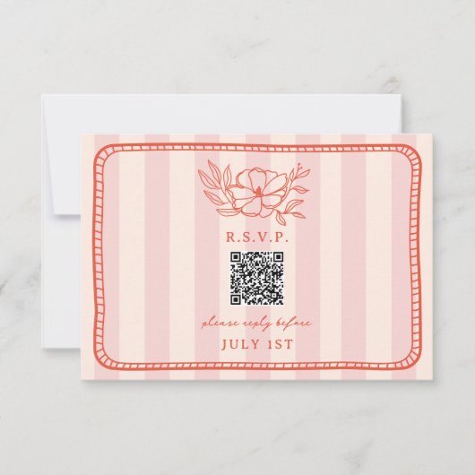 QR Code Roze Streep Bloemen Bruiloft QR RSVP Kaartje (Voorkant)