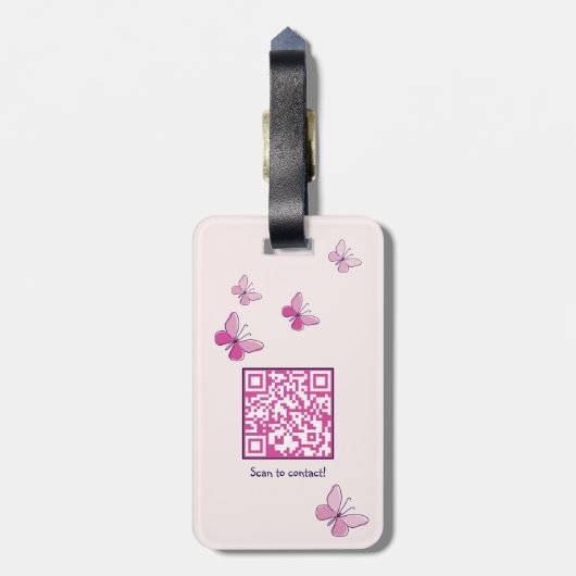 QR Code Roze Vlinder Groene Paarse Bloem Doodle Bagagelabel (Achterkant verticaal)