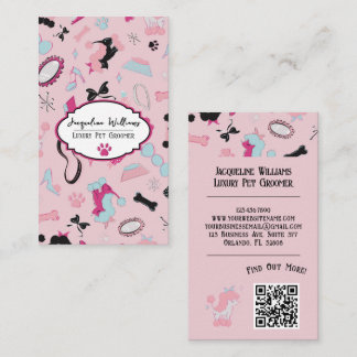 QR-code Roze Vrouwelijke Mid-Century Huisdierverzo Visitekaartje
