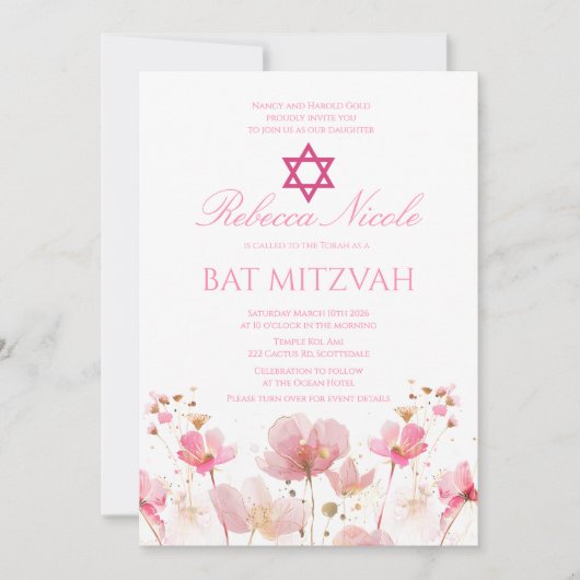 QR Code Roze Waterverf Bloemrijke Bat Mitzvah  Kaart (Voorkant)