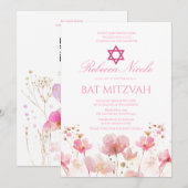 QR Code Roze Waterverf Bloemrijke Bat Mitzvah  Kaart (Voorkant / Achterkant)