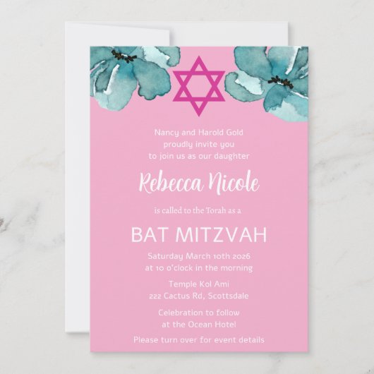 QR-code Roze Waterverf Bloemstuk Bat Mitzvah Kaart (Voorkant)