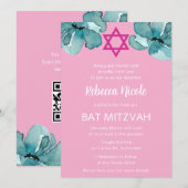 QR-code Roze Waterverf Bloemstuk Bat Mitzvah Kaart (Voorkant / Achterkant)