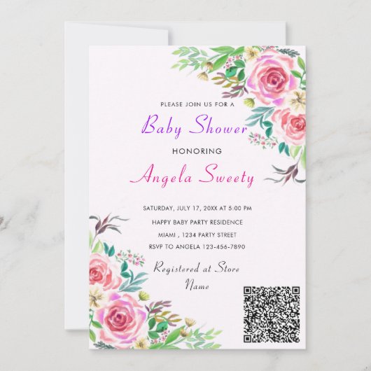 QR Code Rozen Baby shower Uitnodiging (Voorkant)