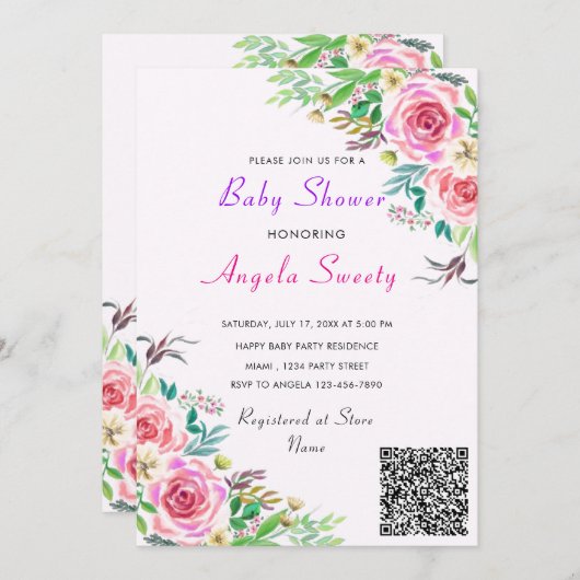 QR Code Rozen Baby shower Uitnodiging (Voorkant / Achterkant)