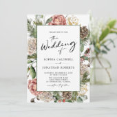 QR Code Rozen en pine Calligraphy Winter Wedding Kaart (Staand voorkant)