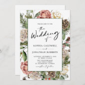 QR Code Rozen en pine Calligraphy Winter Wedding Kaart (Voorkant / Achterkant)