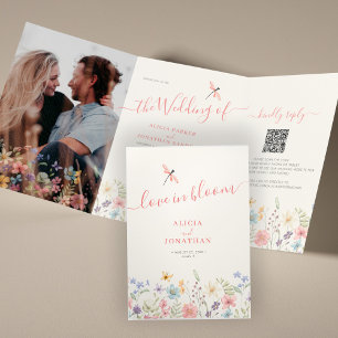 QR-code RSVP alles in één bloemenbruiloft Drieluik Uitnodiging