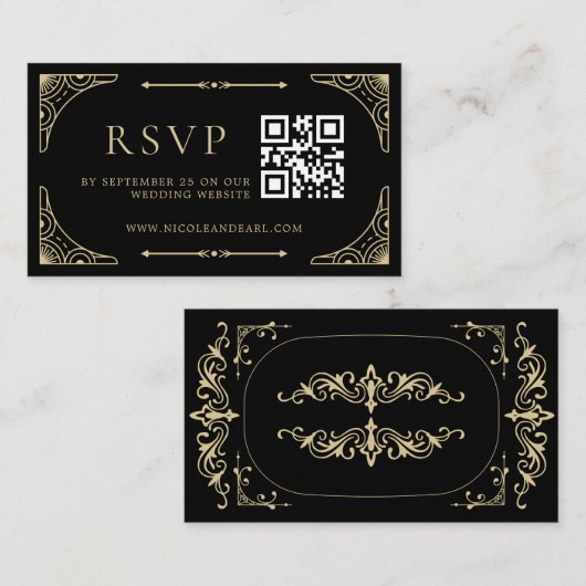 Qr Code RSVP Black Elegant Deco Gold Retro Weddens Informatiekaartje (Voorkant / Achterkant)