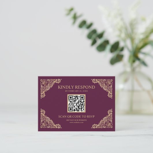 QR-code RSVP bruiloft website plum and Gold Lijst Informatiekaartje (Staand voorkant)