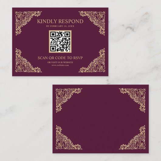 QR-code RSVP bruiloft website plum and Gold Lijst Informatiekaartje (Voorkant / Achterkant)
