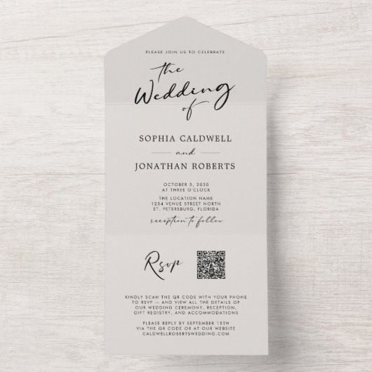 QR-code RSVP Calligrafie Elegant Eggshell Wedding All In One Uitnodiging (Binnen)