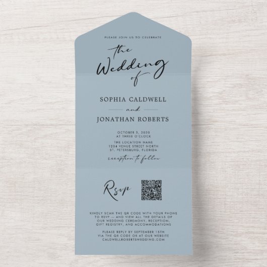QR-code RSVP Calligrafie Light Dusty Blue Wedding All In One Uitnodiging (Binnen)
