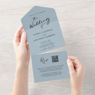 QR-code RSVP Calligrafie Light Dusty Blue Wedding All In One Uitnodiging