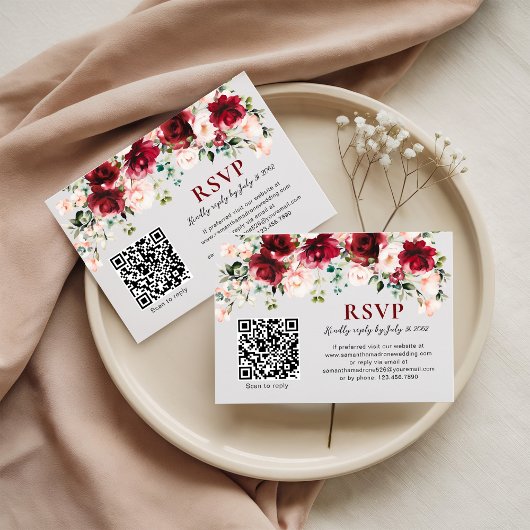 QR Code RSVP Card Burgundy Blush Floral Wedding Kaartje