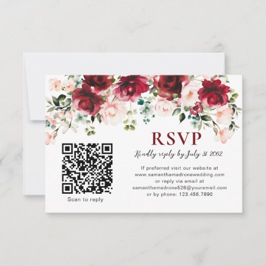 QR Code RSVP Card Burgundy Blush Floral Wedding Kaartje (Voorkant)