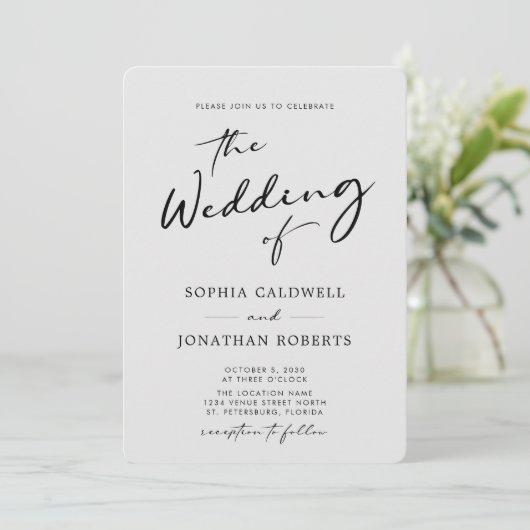 QR-code RSVP Chic Calligraphy Gray Wedding Kaart (Staand voorkant)