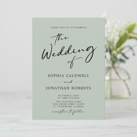 QR-code RSVP Chic Calligraphy Sage Wedding Kaart (Staand voorkant)