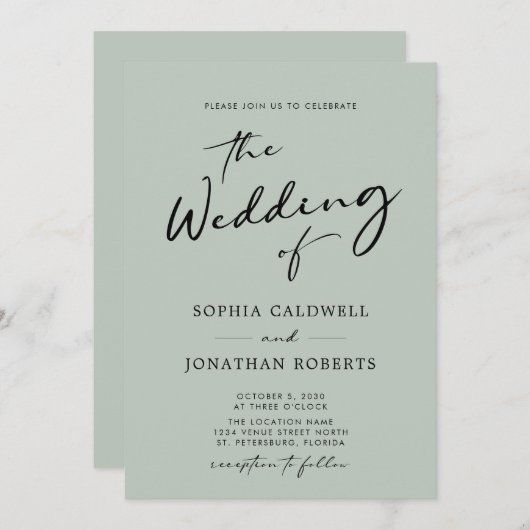 QR-code RSVP Chic Calligraphy Sage Wedding Kaart (Voorkant / Achterkant)