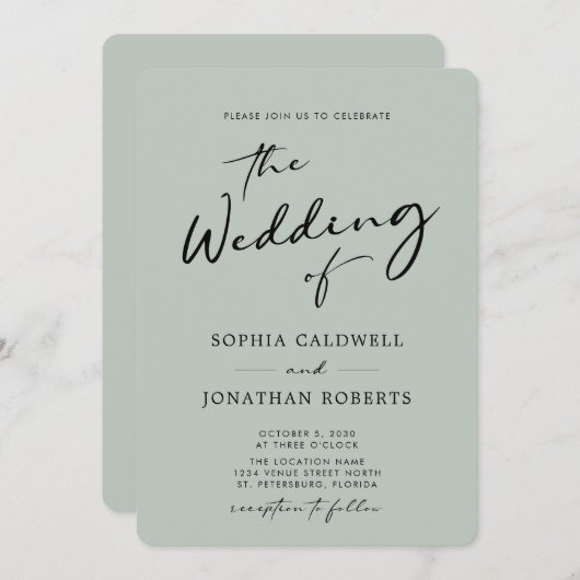 QR-code RSVP Chic Calligraphy Sage Wedding Kaart (Voorkant / Achterkant)