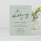 QR-code RSVP Chic Calligraphy Sage Wedding Kaart (Staand voorkant)