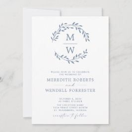 QR-code RSVP Dusty Blue Monogram Wreath Weddenscha Kaart