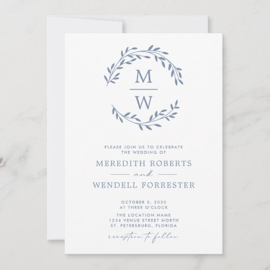 QR-code RSVP Dusty Blue Monogram Wreath Weddenscha Kaart (Voorkant)