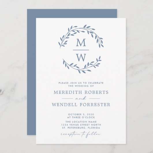 QR-code RSVP Dusty Blue Monogram Wreath Weddenscha Kaart (Voorkant / Achterkant)