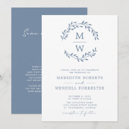QR-code RSVP Dusty Blue Monogram Wreath Weddenscha Kaart
