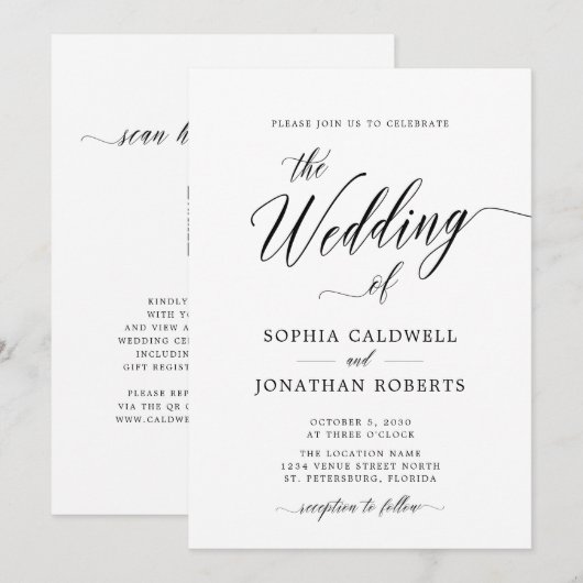 QR-code RSVP Elegant Black Calligraphy Wedding Kaart (Voorkant / Achterkant)