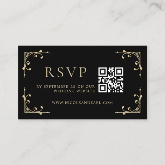 Qr-code RSVP Elegant Deco Gold Black Retro Weddens Informatiekaartje (Voorkant)