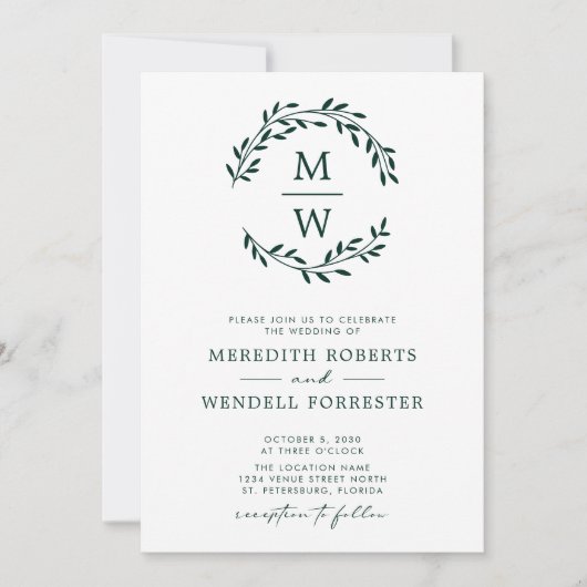 QR-code RSVP Emerald Green Monogram Wreath Weddens Kaart (Voorkant)