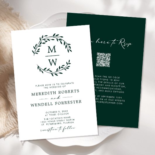 QR-code RSVP Emerald Green Monogram Wreath Weddens Kaart