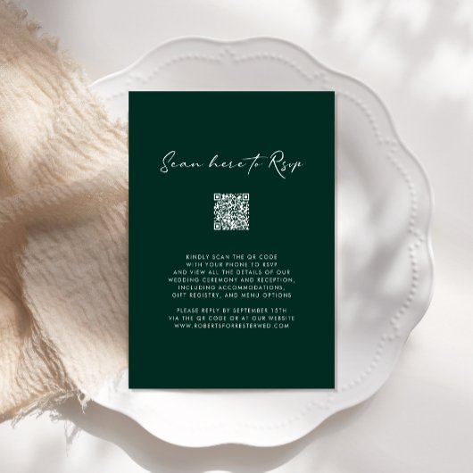 QR-code RSVP Emerald Green Monogram Wreath Weddens Kaart