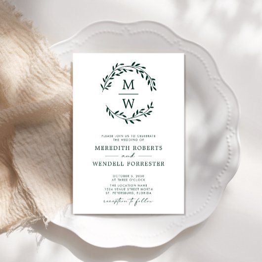 QR-code RSVP Emerald Green Monogram Wreath Weddens Kaart