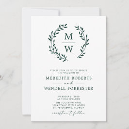 QR-code RSVP Emerald Green Monogram Wreath Weddens Kaart