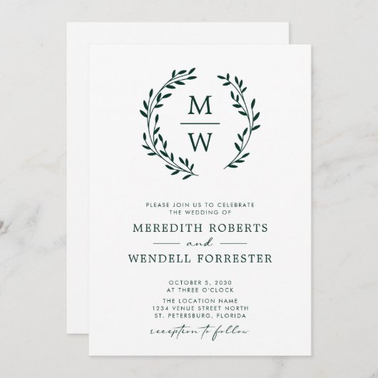 QR-code RSVP Emerald Green Monogram Wreath Weddens Kaart (Voorkant / Achterkant)
